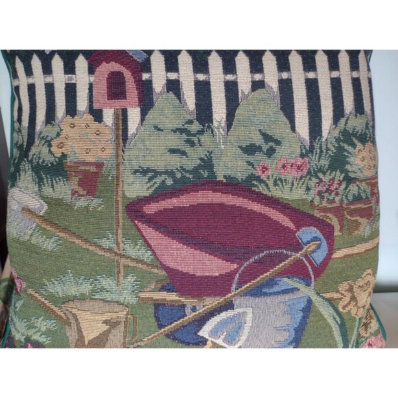 Large Vintage Tapestry Garden Scene Throw Pillow 17 x 17 Cottagecore Flowers - Picture 2 of 7